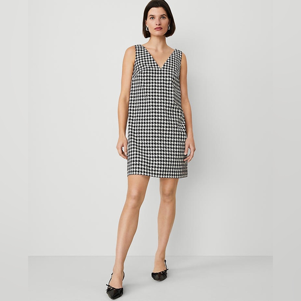 Ann Taylor Black and White Houndstooth V-Neck Shift Dress